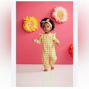 MUD PIE Mustard Gingham cotton onesie with headband
